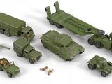 Des véhicules militaires miniatures sont alignés sur une surface blanche