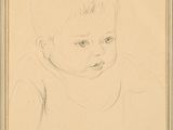 an old drawing of a baby in a frame on a table