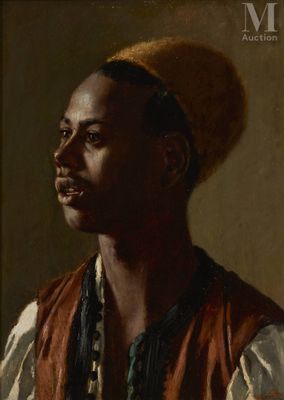 a painting of a man in a red vest and white shirt