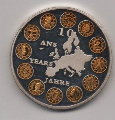 pièce commémorative 10 ans de l'Euro cuivre argenté neuve