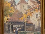 an image of a painting of a man and a woman standing in front of a house