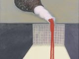 a painting of a red liquid pouring out of a faucet