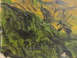 an oil painting of a green landscape with trees and a yellow sky