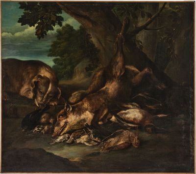 une peinture à l'huile représentant un groupe d'animaux dans un décor boisé