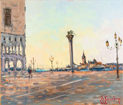 peinture d'une scène de rue avec une tour d'horloge en arrière-plan