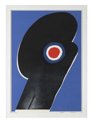 a black and blue poster with a red circle on it