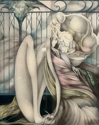 une image représentant un tableau où l'on voit une femme assise sur un lit, avec un oiseau en arrière-plan