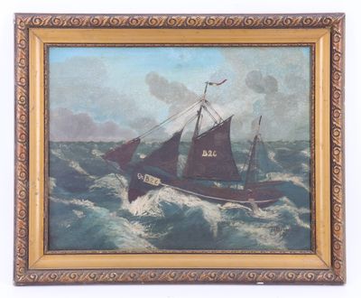 une peinture à l'huile représentant un bateau sur une mer agitée par les vagues