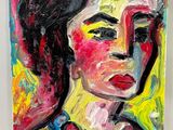 a painting of a woman ' s face on a yellow background