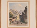 an image of a painting of a village scene with a man and a dog