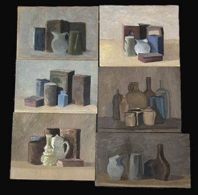 four different paintings of vases and bottles on a shelf