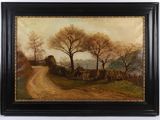 une peinture à l'huile représentant une route de campagne avec des arbres au loin
