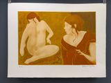 tableau représentant deux nus assis par terre devant un fond bleu