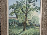 an oil painting of cows grazing in a field next to a tree
