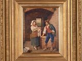 un vieux tableau représentant un homme et une femme debout dans une entrée