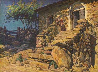 tableau représentant un bâtiment en pierre avec une porte et des marches menant à celle-ci
