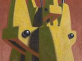un tableau représentant un ensemble de sculptures jaunes et vertes