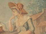 a painting of a woman reading a book in a field