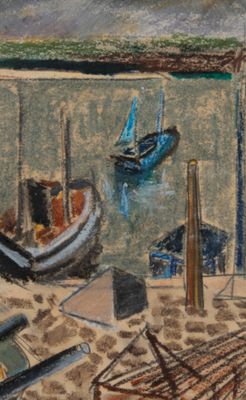 un tableau représentant des bateaux sur le rivage d'un port
