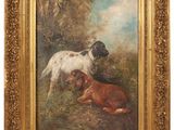 an oil painting of a dog and a dog laying down in a field
