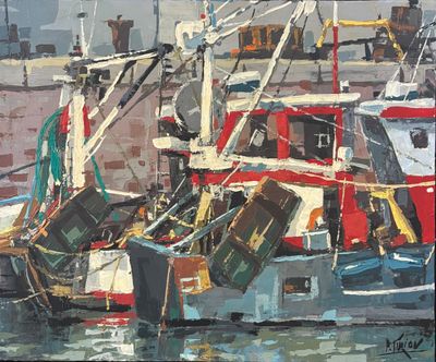 tableau représentant un groupe de bateaux amarrés dans un port par temps nuageux