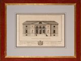 an old drawing of a building with a red frame in front of it
