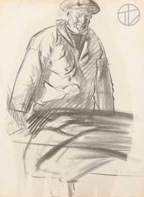 drawing of an old man sitting on a bench with a hat on