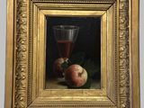 an oil painting of a glass of wine and two peachs on a table