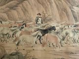 a painting of a man standing in front of a herd of horses