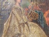 an oil painting of a woman in a white dress sitting in a garden