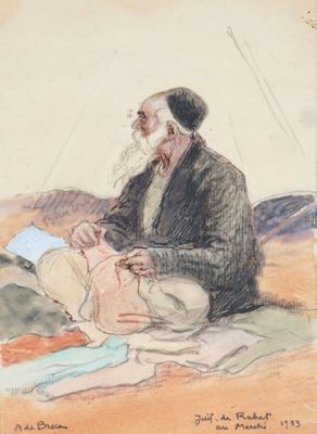 tableau représentant un vieil homme assis par terre avec un livre