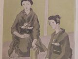 painting of two women in kimono robes sitting on the floor