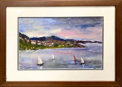 a painting of sailboats on the water with a town in the background