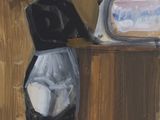 an image of a painting of a woman standing in front of a tv