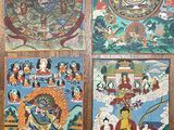 quatre peintures réalisées sur un support en bois provenant d'un temple bouddhiste
