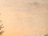 an oil painting of a man fishing on a lake at sunset