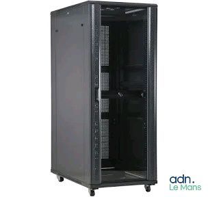 a close up of a server cabinet with a door open