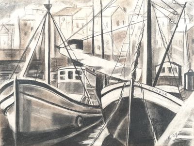 un dessin représentant un bateau dans un port, avec d'autres bateaux dans l'eau