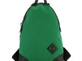 a green backpack with black straps and a black handle