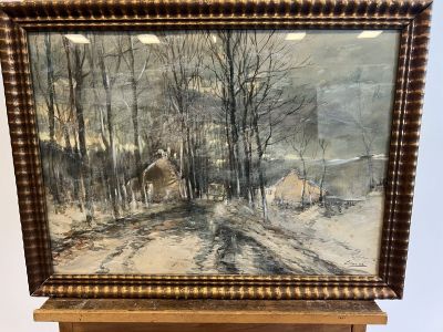 an oil painting of a snowy road with a house in the background
