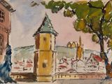 a painting of a building with a clock tower in the background