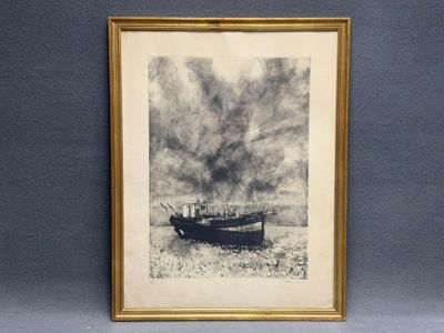 tableau représentant un bateau sur l'eau d'où s'échappe de la fumée