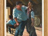 une peinture à l'huile représentant un couple en train de danser dans une grange