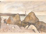 un tableau représentant deux rochers sur la plage, avec un phare en arrière-plan
