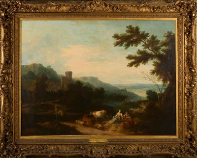 an image of a painting of a landscape with cattle and a castle in the distance