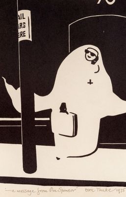 a drawing of a ghost standing next to a street sign