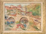 une peinture à l'huile représentant un pont enjambant une rivière sur laquelle naviguent des bateaux