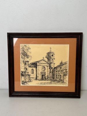 une image représentant un dessin d'une église avec un clocher