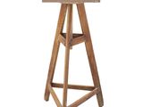 an image of a wooden stool with a wooden seat on a white background