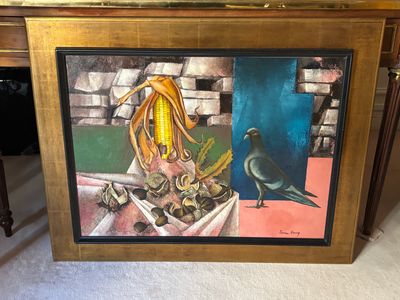 tableau représentant un tableau où l'on voit une femme et un oiseau posés sur une table